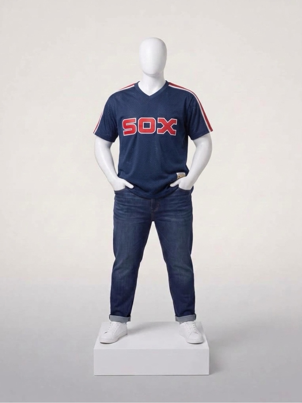 Mitchell & Ness Navy 'SOX' Mesh Baseball Jersey with Red Accents